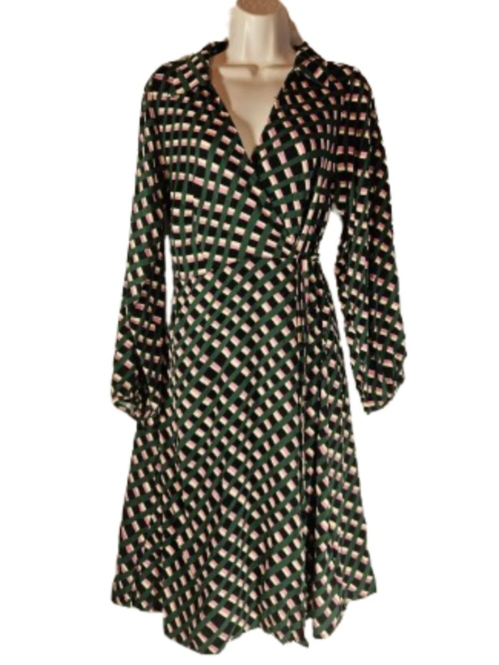 Compania Fantastica Green Black Pink Wrap Dress Women's Size Large Midi